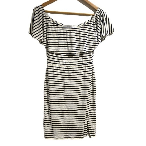 Lovers + Friends dress navy blue‎ white striped off the shoulder small stretch - Picture 2 of 7